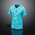 Stylish Blue T-shirt With Geometric Patterns Circles Triangles And Wavy Lines