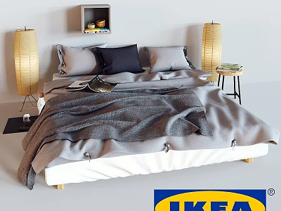 IKEA Modern Bedroom With Gray Bedding Lamps And Side Table 3d model