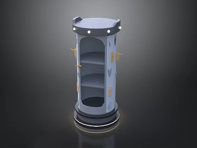 Cylindrical Art Installation Featuring Multiple Shelves Top Lighting Glowing Base And Gold Accents 3d model