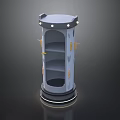 Cylindrical Art Installation Featuring Multiple Shelves Top Lighting Glowing Base And Gold Accents