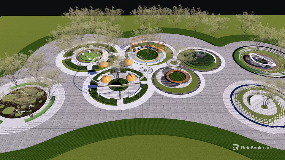 Public Square Landscape with Circular Green Spaces Trees and Paved Layout 3d model