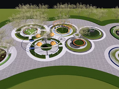 Public Square Landscape with Circular Green Spaces Trees and Paved Layout 3d model