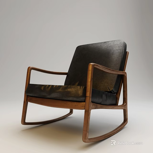Comfortable Modern Rocking Leisure Chair With Wooden Frame And Black Leather Cushion 3d model 