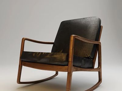 Comfortable Modern Rocking Leisure Chair With Wooden Frame And Black Leather Cushion 3d model