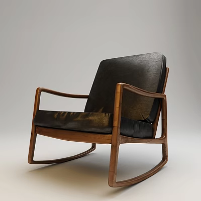 Comfortable Modern Rocking Leisure Chair With Wooden Frame And Black Leather Cushion 3d model