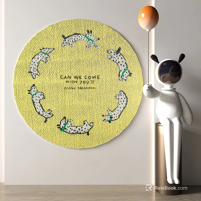 Yellow Round Rug With Playful Puppy Patterns Green Collars And Puppy Playtime Theme 3d model 