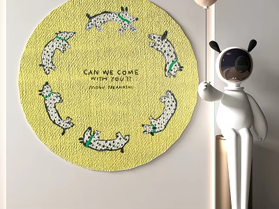 Yellow Round Rug With Playful Puppy Patterns Green Collars And Puppy Playtime Theme 3d model