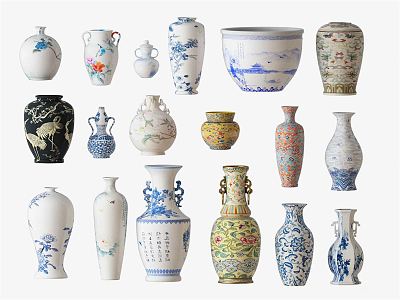 New Chinese Style Ceramic Ware Blue and White Porcelain Ornaments Vase Combination Vase Ornaments Ancient Vase Old Vase Combination 3d model