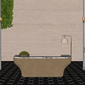 Metallic Reception Desk With Marble Top White Louvered Doors Green Plant Decor And Floor Lamp