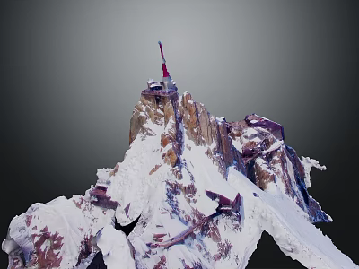Snowy Mountain Terrain With Rocky Peak Red Tower And Snow Covered Slopes 3d model