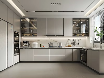 Modern Kitchen Interior Design With Grey Cabinets And Stainless Steel Appliances Countertop 3d model