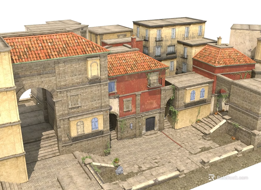 Traditional Urban Building Complex Featuring Red Tiled Roofs Stone Arches And Cobblestone Square 3d model 