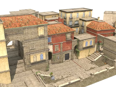 Traditional Urban Building Complex Featuring Red Tiled Roofs Stone Arches And Cobblestone Square 3d model