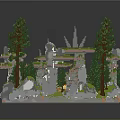 Cartoon Forest Scene With Green Trees Yellow Pagoda White Rocks And Lush Grass