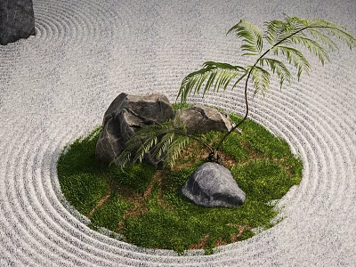 Traditional Japanese Zen Garden Landscape With Raked Gravel Patterns Green Grass Natural Rocks And Fern Plant 3d model