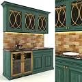 Green Wine Cabinet Featuring Gold Accents Glass Doors And Brick Backsplash With Wine Bottles