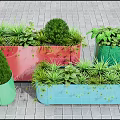 Colorful Rectangular Planters With Various Green Potted Plants In Modern Building Area 3d model