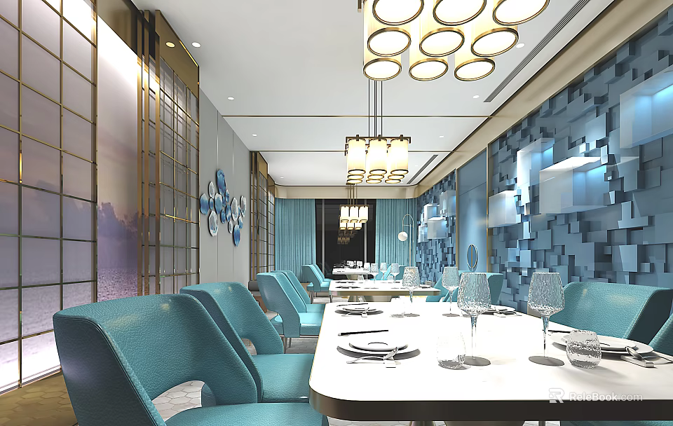 Elegant Restaurant Interior Design With Blue Chairs Long White Dining Table And Blue Square Decor 3d model