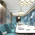 Elegant Restaurant Interior Design With Blue Chairs Long White Dining Table And Blue Square Decor 3d model