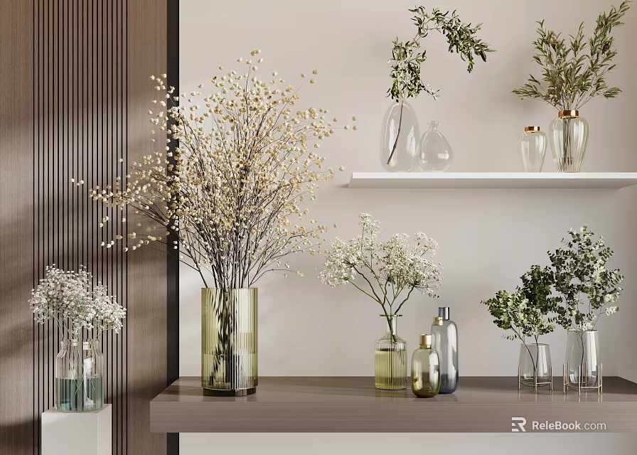Modern Interior Decor With Various Vases And Mixed Flowers On Minimalist Shelf 3d model 