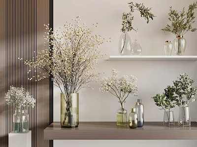 Modern Interior Decor With Various Vases And Mixed Flowers On Minimalist Shelf 3d model