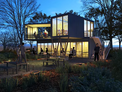 Modern Container Building With Open Design Trees and People Gathering in Evening Lighting 3d model