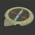 Circular Electric Fan With Metal Grid Blue Blades And Warning Label