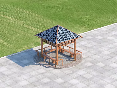 Wooden Pergola With Tile Roof And Benches In Outdoor Grassland Paved Area 3d model