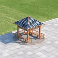 Wooden Pergola With Tile Roof And Benches In Outdoor Grassland Paved Area