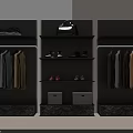 Clothes Hangers in Modern Cloakroom with Hanging Clothes Shoes Bags and Storage Boxes