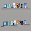 Various Colorful Perfume and Cosmetics Products Neatly Arranged on White Shelves