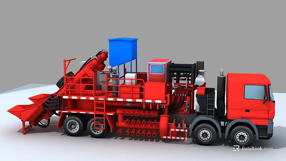 Red Engineering Functional Vehicle With Blue Container Pipes Ladders And Control Panel 3d model 