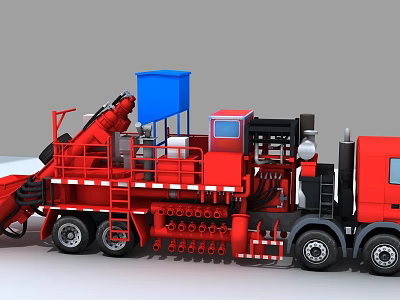 Red Engineering Functional Vehicle With Blue Container Pipes Ladders And Control Panel 3d model