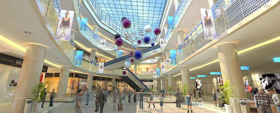 Mall Atrium With Glass Skylight Colorful Spheres Escalator And Shoppers 3d model 