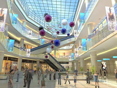 Mall Atrium With Glass Skylight Colorful Spheres Escalator And Shoppers 3d model