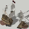Vintage Sailing Ship Models With Black Flags Tattered White Sails On Rock Bases