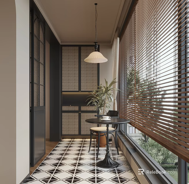 Home Balcony Design With Wooden Blinds Potted Plant Small Table Chair Pendant Light Patterned Floor 3d model 