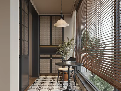 Home Balcony Design With Wooden Blinds Potted Plant Small Table Chair Pendant Light Patterned Floor 3d model
