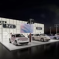 Modern Exhibition Booth Car Display With Multiple Colorful Cars And Large Screen Background