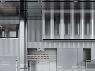 Sleek Modern Front Desk Reception Area With Coffee Bar And Metal Finish Walls 3d model