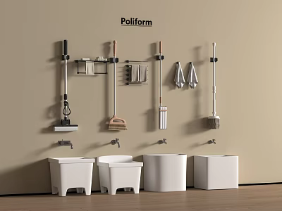 Poliform Bathroom Accessories With Wall Mounted Cleaning Tools And White Wash Basins 3d model