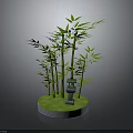 Tall Green Bamboo Plants With Small Lantern On Circular Green Base