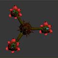 Unique Fantasy Plant with Twisted Trunk Spiked Red Flowers Green Leaves and Blue Curled Tips