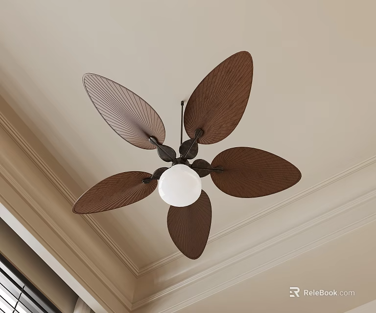 Modern Ceiling Chandelier With Five Brown Leaf Shaped Blades And White Light Bulb 3d model 