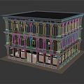 Classical Multi Story Building With Gray Exterior Balconies Ground Floor Storefronts And Black Roof