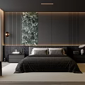 Modern Dark Bedroom Interior With Striped Walls Green Marble Painting Bedside Tables And Open Wardrobe