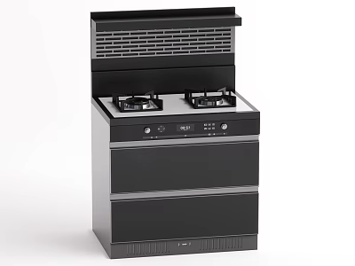 Modern Black Integrated Kitchen Stove With Range Hood Two Gas Burners And Storage Drawers 3d model