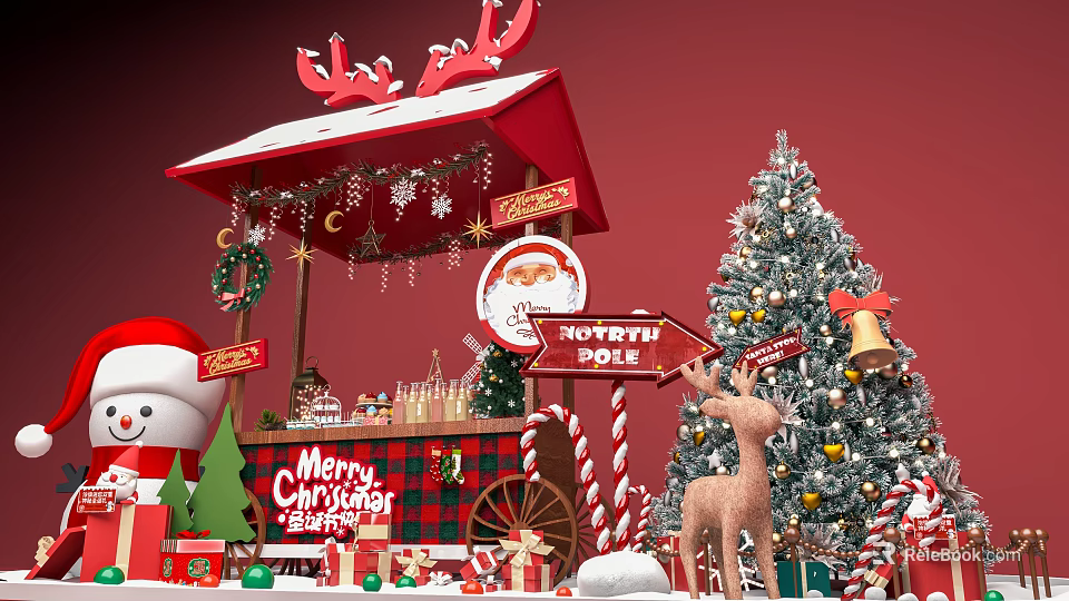 Festive Christmas Stall With Decorated Tree Reindeer Gifts And North Pole Sign 3d model 