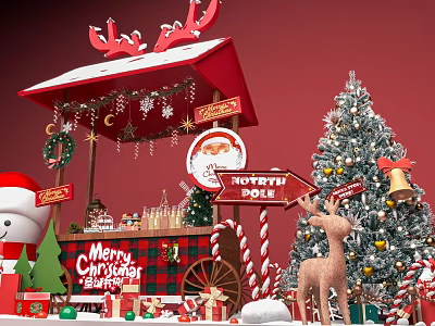 Festive Christmas Stall With Decorated Tree Reindeer Gifts And North Pole Sign 3d model