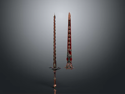 Ornate Decorative Swords With Intricate Patterns And Red Embellished Scabbard 3d model